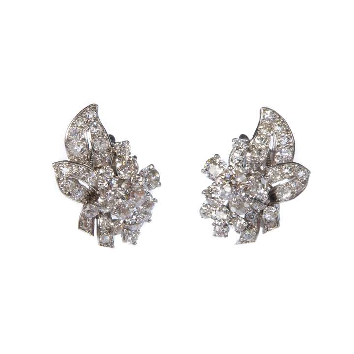 Pair of diamond floral cluster earrings